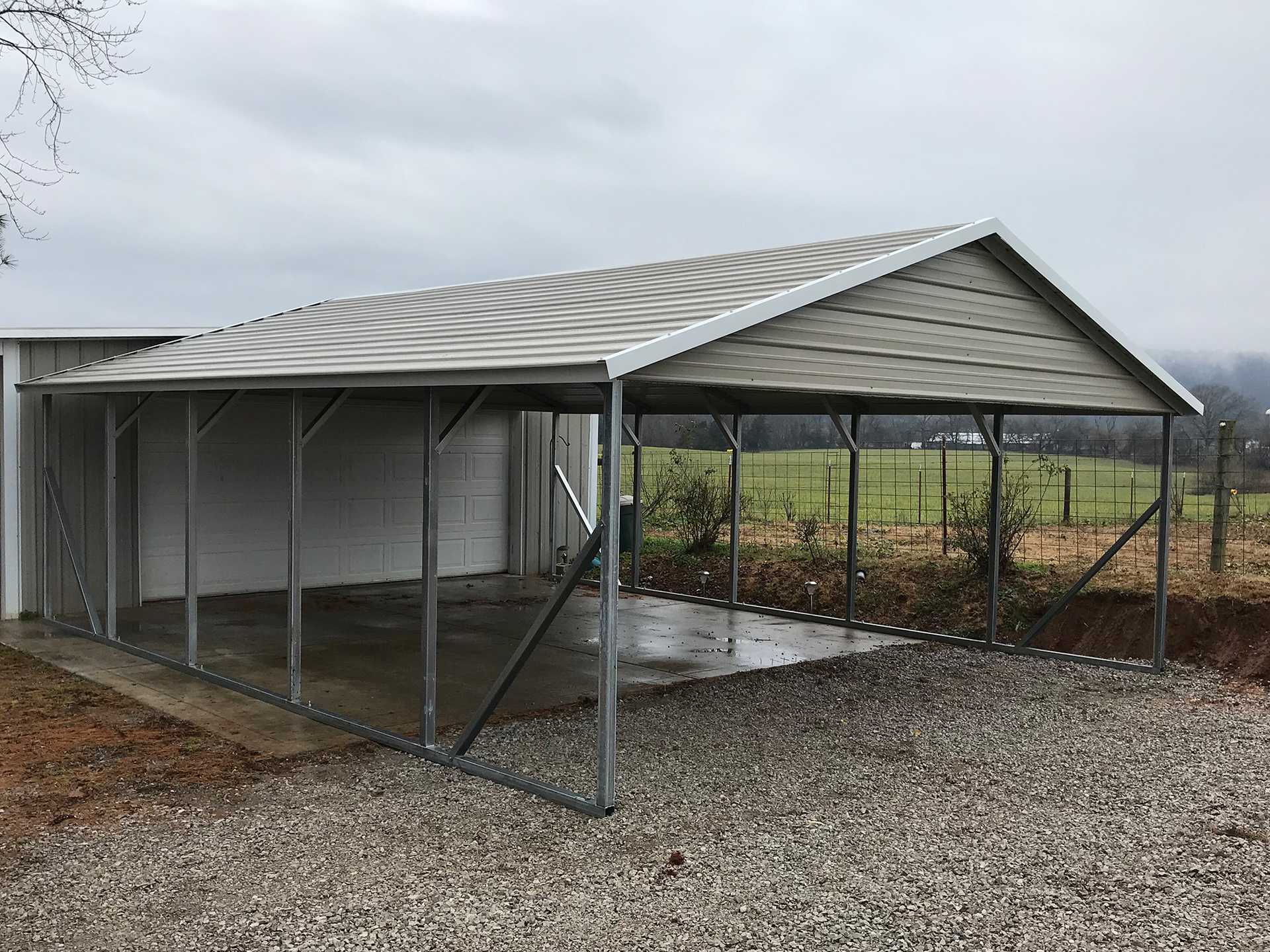 a clay and white squared frame horizontal roof carport with the front gable closed